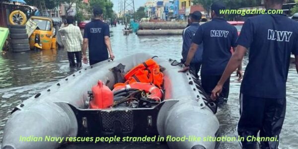 Indian Navy rescues people stranded in flood-like situation in Chennai.