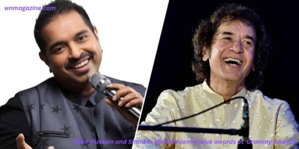 Zakir Hussain and Shankar Mahadevan receive awards at Grammy Awards.